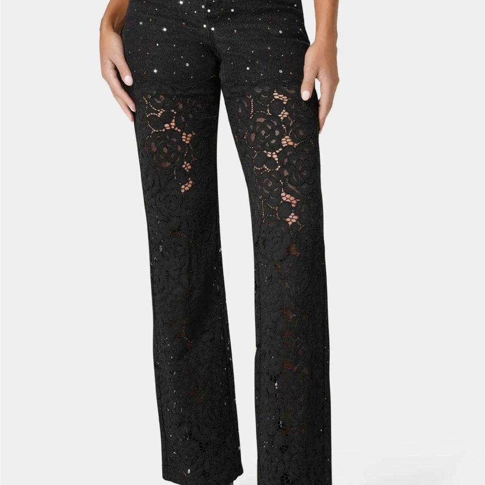 High Waist Embellished Lace Wide Leg Jeans